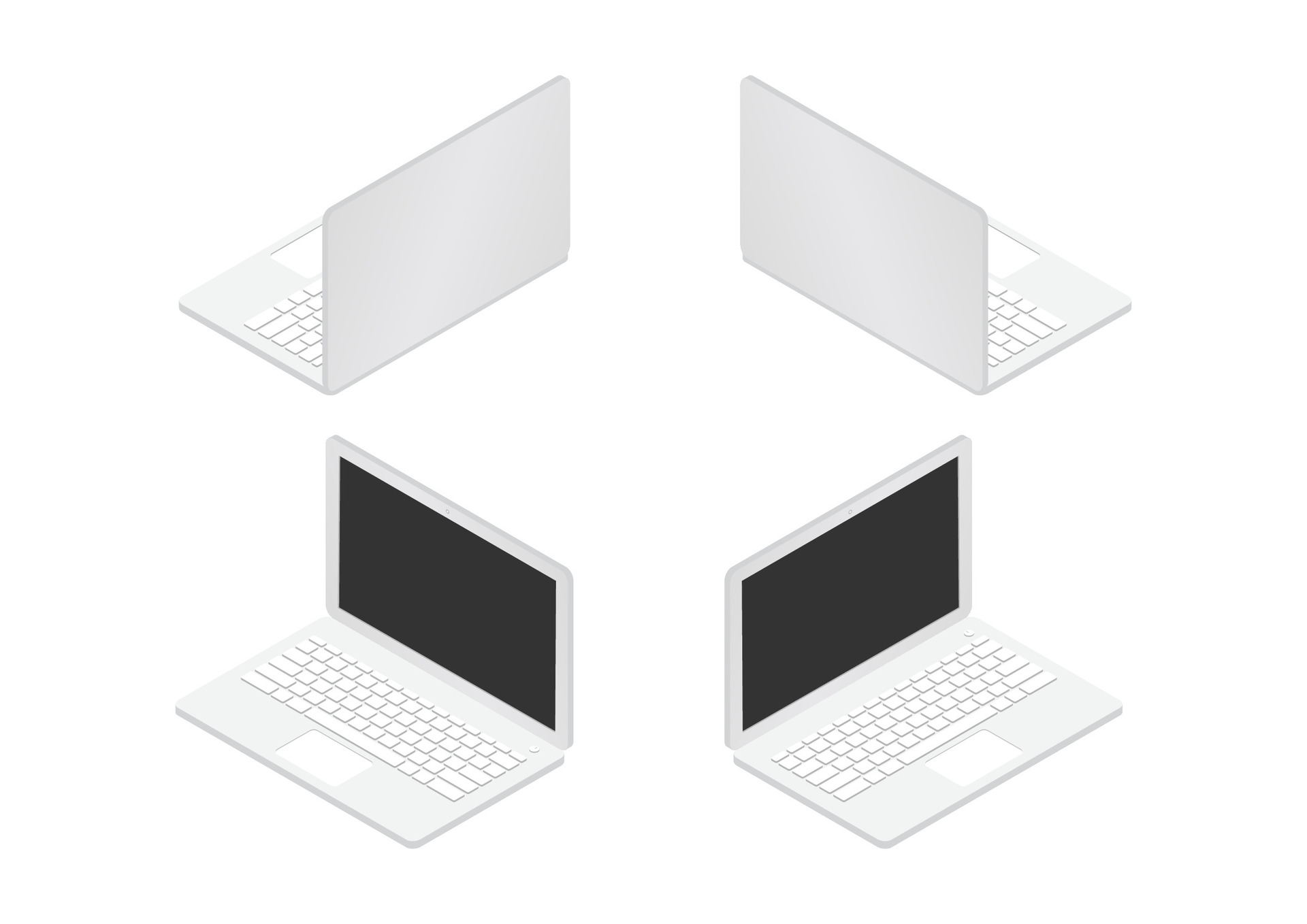 Auf dem Foto sind vier Laptop-Computer zu sehen. Sie sind in einer isometrischen Ansicht dargestellt, was bedeutet, dass sie in einer dreidimensionalen Form erscheinen, bei der die Größenverhältnisse gleichmäßig erhalten bleiben, um Tiefe zu simulieren. Zwei der Laptops sind geschlossen und von der Seite zu sehen, während die anderen beiden geöffnet sind und von oben betrachtet werden können. Die geöffneten Laptops zeigen schwarze Bildschirme und weiße Tastaturen, und einer von ihnen hat ein Touchpad. Alle Geräte haben ein schlankes, modernes Design in einer weißen oder hellgrauen Farbe